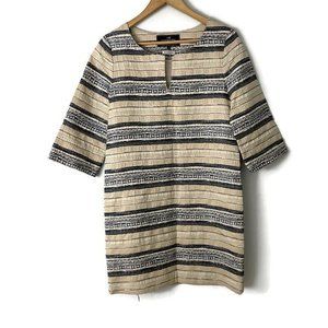 Lexington Clothing Company Beige Navy Striped Linen 3/4 Sleeve Dress Size Small